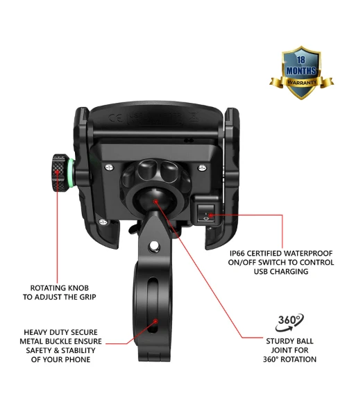 Yellowfin Jaw-grip Fast QC 3.0 Mobile Holder With Charger For Bikes & Scooters - M8 Black-Yellowfin 4 Yellowfin Jaw-grip Fast QC 3.0 Mobile Holder With Charger For Bikes & Scooters - M8 Black-Yellowfin - Image 2