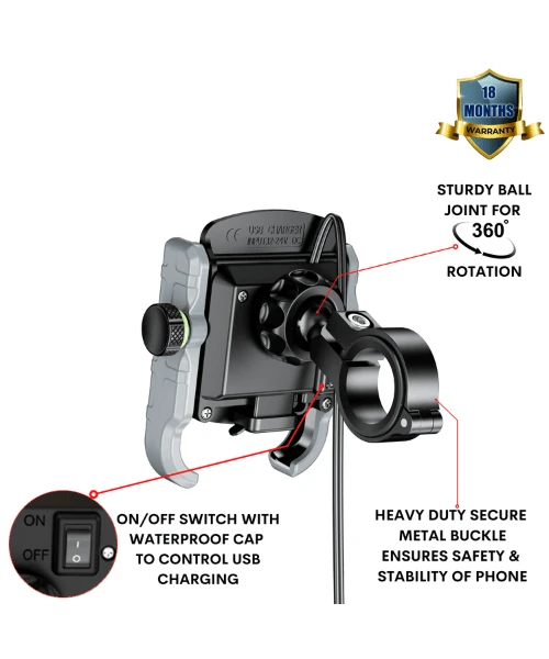 Yellowfin Jaw-grip Fast QC 3.0 Mobile Holder With Charger For Bikes & Scooters - M8 Grey-Yellowfin 4 Yellowfin Jaw-grip Fast QC 3.0 Mobile Holder With Charger For Bikes & Scooters - M8 Grey-Yellowfin - Image 2