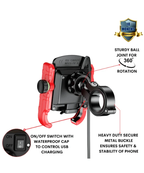 Yellowfin Jaw-grip Fast QC 3.0 Mobile Holder With Charger For Bikes & Scooters - M8 Red-Yellowfin 4 Yellowfin Jaw-grip Fast QC 3.0 Mobile Holder With Charger For Bikes & Scooters - M8 Red-Yellowfin - Image 2