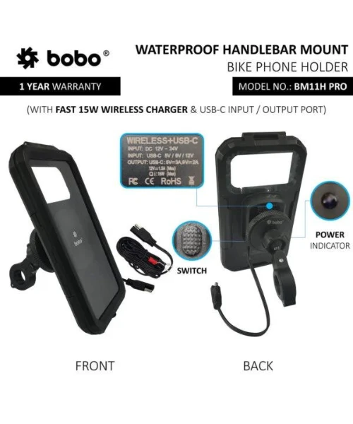 BOBO Fully Waterproof Bike Phone Holder With Vibration Controller (with Fast 15W Wireless Charger And USB-C Input/Output Port) Motorcycle Mobile Mount - Black - Handlebar Attachment - BM11H PRO-BOBO 4 BOBO Fully Waterproof Bike Phone Holder With Vibration Controller (with Fast 15W Wireless Charger And USB-C Input/Output Port) Motorcycle Mobile Mount - Black - Handlebar Attachment - BM11H PRO-BOBO - Image 2