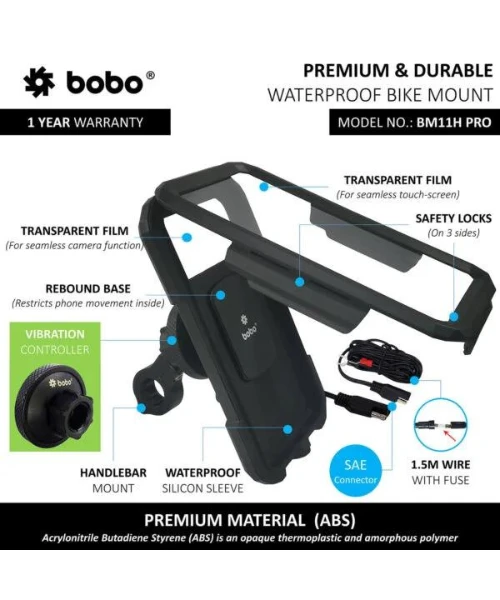 BOBO Fully Waterproof Bike Phone Holder With Vibration Controller (with Fast 15W Wireless Charger And USB-C Input/Output Port) Motorcycle Mobile Mount - Black - Handlebar Attachment - BM11H PRO-BOBO 6 BOBO Fully Waterproof Bike Phone Holder With Vibration Controller (with Fast 15W Wireless Charger And USB-C Input/Output Port) Motorcycle Mobile Mount - Black - Handlebar Attachment - BM11H PRO-BOBO - Image 4