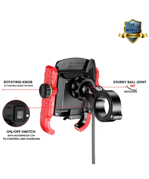 Yellowfin Jaw-grip Fast QC 3.0 Mobile Holder With Charger For Bikes & Scooters - M8 Red-Yellowfin 6 Yellowfin Jaw-grip Fast QC 3.0 Mobile Holder With Charger For Bikes & Scooters - M8 Red-Yellowfin - Image 4