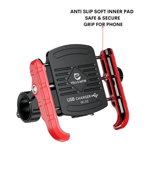 Yellowfin Jaw-grip Fast QC 3.0 Mobile Holder With Charger For Bikes & Scooters - M8 Red-Yellowfin 7 Yellowfin Jaw-grip Fast QC 3.0 Mobile Holder With Charger For Bikes & Scooters - M8 Red-Yellowfin - Image 5